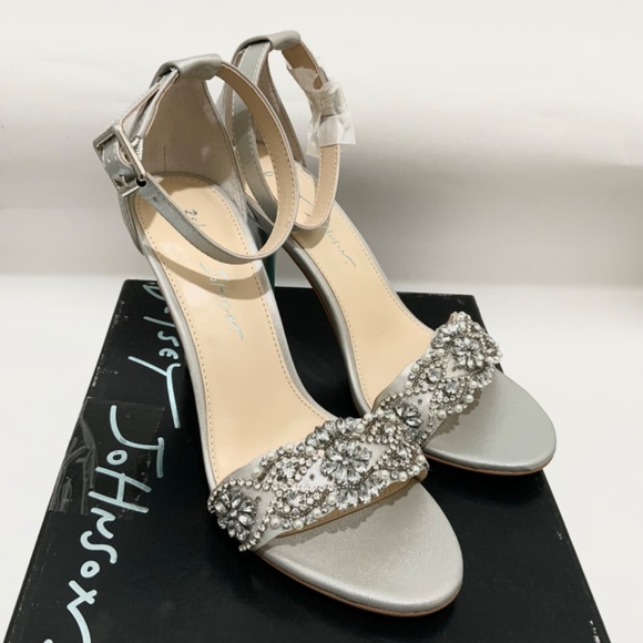 Betsey Johnson Gina Jeweled Ankle Strap Dress Sandals Silver Satin Stiletto Heel - Picture 9 of 14